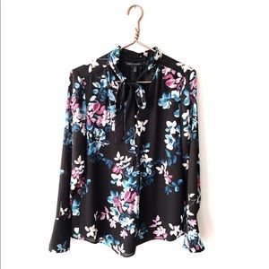 WHBM | Black Floral Tie Bow Neck Button Up Shirt